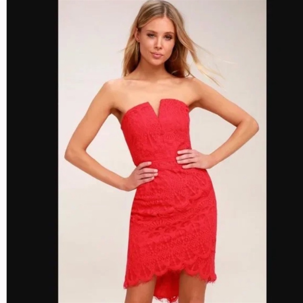 Anthropologie Adelyn Rae Red Lace Strapless Bodycon Dress Sz L